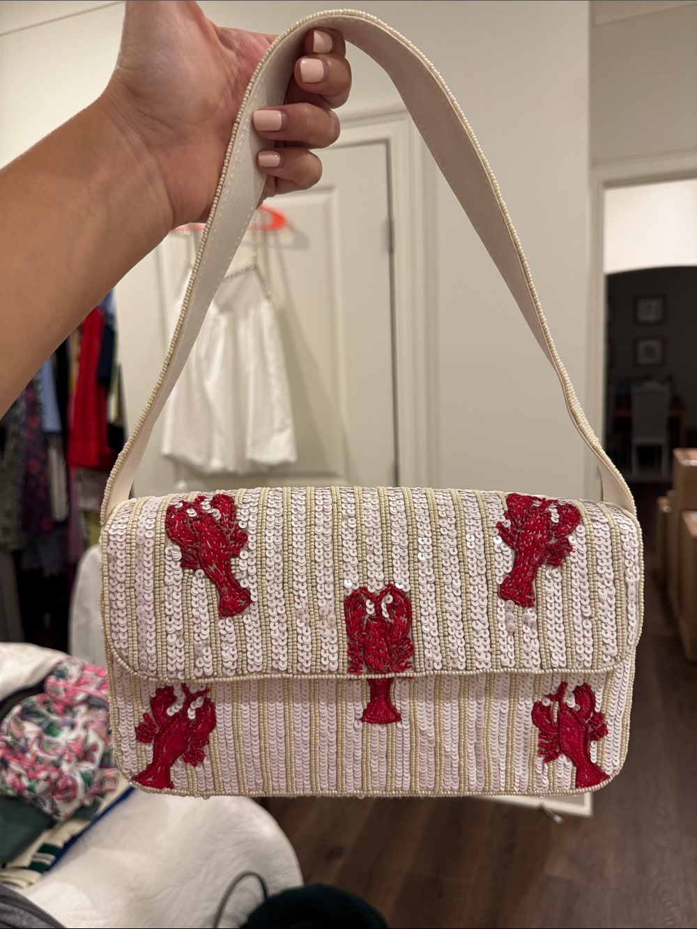 Beaded Cream Shoulder Bag with Red Lobster Embroidery